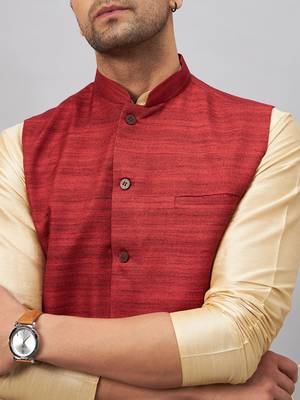 Maroon And Gold Silk Blend Jacket, Kurta And Pyjama Set 4