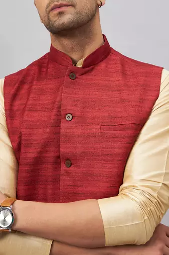 Maroon And Gold Silk Blend Jacket, Kurta And Pyjama Set