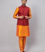 Men'S Orange And Maroon Silk Blend Jacket, Kurta And Pyjama Set