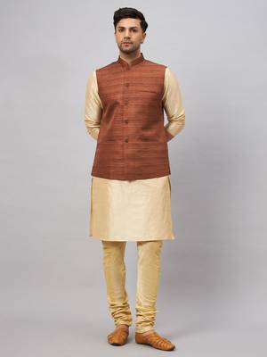 Brown And Gold Silk Blend Jacket, Kurta And Pyjama Set 1