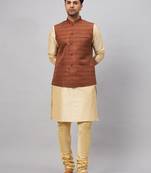 Brown And Gold Silk Blend Jacket, Kurta And Pyjama Set