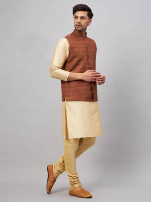 Brown And Gold Silk Blend Jacket, Kurta And Pyjama Set 2