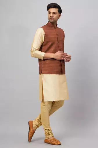 Brown And Gold Silk Blend Jacket, Kurta And Pyjama Set