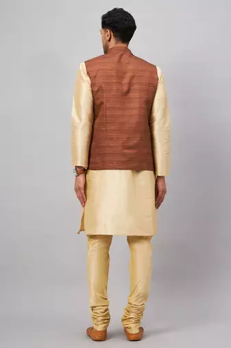 Brown And Gold Silk Blend Jacket, Kurta And Pyjama Set