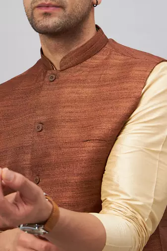 Brown And Gold Silk Blend Jacket, Kurta And Pyjama Set