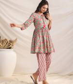 Janasya women's sage cotton floral gathered co-ord set