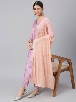 Janasya women's mauve poly silk solid kurta with pant and dupatta 1