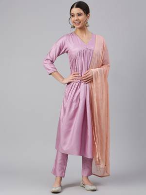Janasya women's mauve poly silk solid kurta with pant and dupatta 2