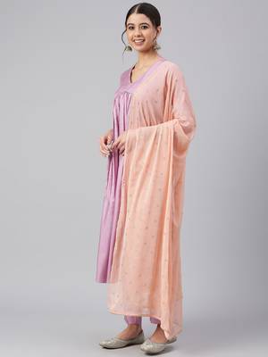 Janasya women's mauve poly silk solid kurta with pant and dupatta 3