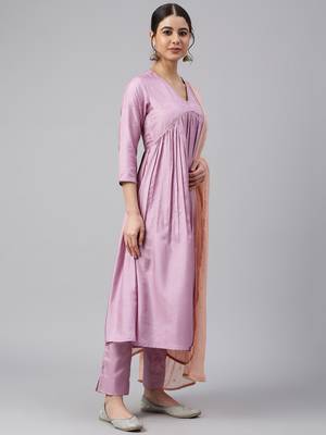 Janasya women's mauve poly silk solid kurta with pant and dupatta 4
