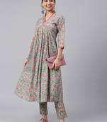 Janasya women's sea green cotton floral print kurta with pant