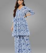 Janasya women's light teal blue cotton botanical printed tunic with palazzo