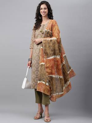 Janasya women's olive green cotton ethnic motifs block print kurta with pant and dupatta 1