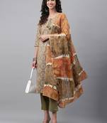 Janasya women's olive green cotton ethnic motifs block print kurta with pant and dupatta