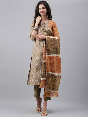 Janasya women's olive green cotton ethnic motifs block print kurta with pant and dupatta 2