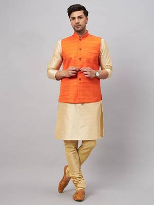 Men'S Gold And Orange Silk Blend Jacket, Kurta And Pyjama Set 1
