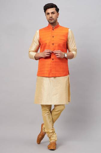 Men'S Gold And Orange Silk Blend Jacket, Kurta And Pyjama Set