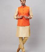 Men'S Gold And Orange Silk Blend Jacket, Kurta And Pyjama Set