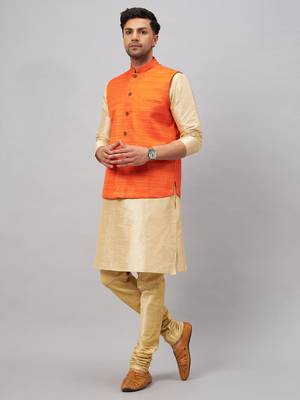 Men'S Gold And Orange Silk Blend Jacket, Kurta And Pyjama Set 2