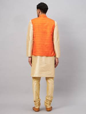Men'S Gold And Orange Silk Blend Jacket, Kurta And Pyjama Set 3