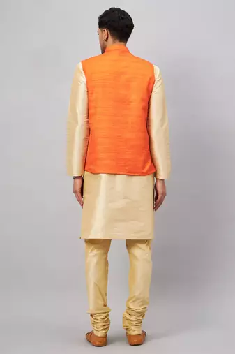 Men'S Gold And Orange Silk Blend Jacket, Kurta And Pyjama Set
