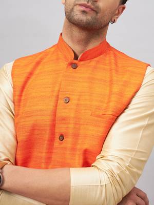 Men'S Gold And Orange Silk Blend Jacket, Kurta And Pyjama Set 4