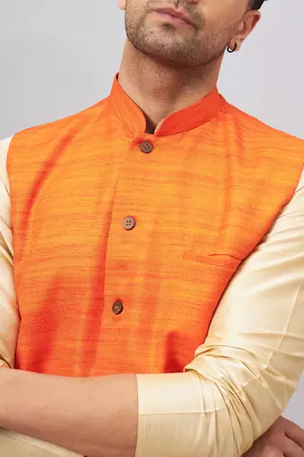 Men'S Gold And Orange Silk Blend Jacket, Kurta And Pyjama Set