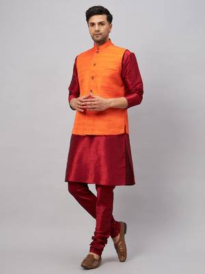 Men'S Maroon And Orange Silk Blend Jacket, Kurta And Pyjama Set 1