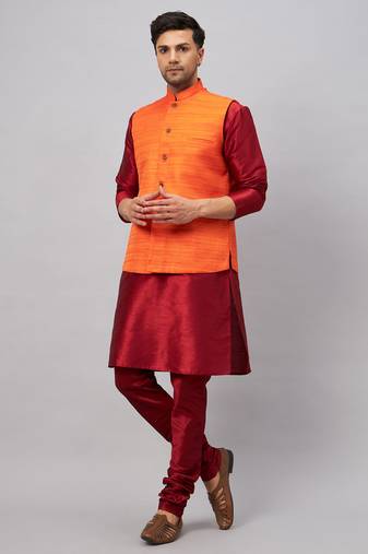 Men'S Maroon And Orange Silk Blend Jacket, Kurta And Pyjama Set