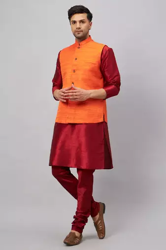 Men'S Maroon And Orange Silk Blend Jacket, Kurta And Pyjama Set