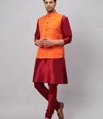 Men'S Maroon And Orange Silk Blend Jacket, Kurta And Pyjama Set