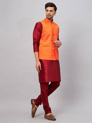 Men'S Maroon And Orange Silk Blend Jacket, Kurta And Pyjama Set 2