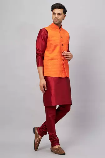 Men'S Maroon And Orange Silk Blend Jacket, Kurta And Pyjama Set