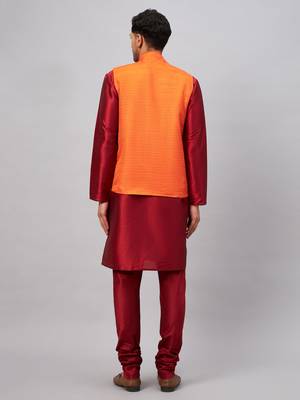 Men'S Maroon And Orange Silk Blend Jacket, Kurta And Pyjama Set 3