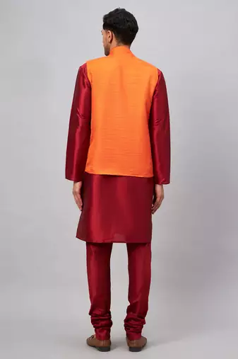 Men'S Maroon And Orange Silk Blend Jacket, Kurta And Pyjama Set