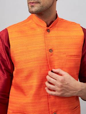 Men'S Maroon And Orange Silk Blend Jacket, Kurta And Pyjama Set 4