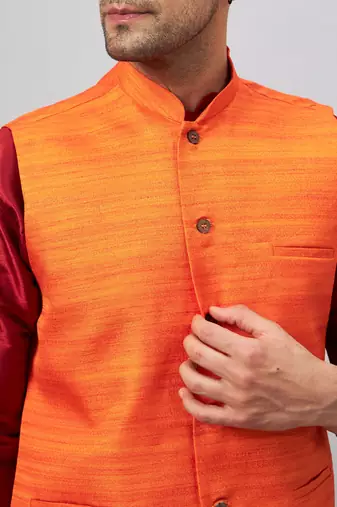 Men'S Maroon And Orange Silk Blend Jacket, Kurta And Pyjama Set