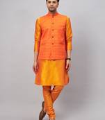 Men'S Orange Silk Blend Jacket, Kurta And Pyjama Set