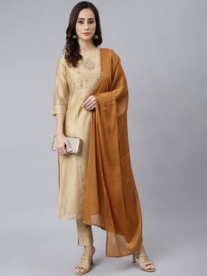 Janasya women's beige chanderi silk solid kurta with pant and dupatta 1