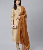 Janasya women's beige chanderi silk solid kurta with pant and dupatta