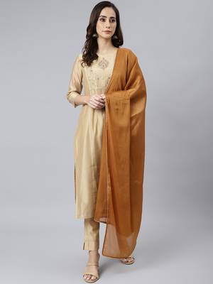 Janasya women's beige chanderi silk solid kurta with pant and dupatta 2