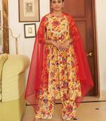 Janasya women's yellow cotton floral printed kurta with palazzo and dupatta