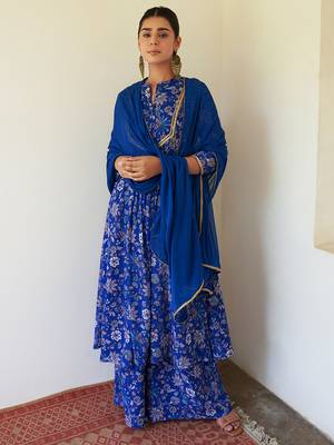 Janasya women's dark teal blue georgette digital floral printed kurta with palazzo and dupatta 1