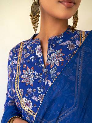 Janasya women's dark teal blue georgette digital floral printed kurta with palazzo and dupatta 4