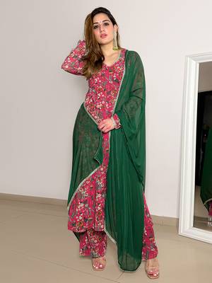 Janasya women's pink georgette digital floral printed kurta with palazzo and dupatta 1
