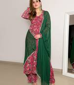 Janasya women's pink georgette digital floral printed kurta with palazzo and dupatta