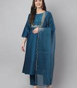 Janasya women's teal chinon solid kurta with pant and dupatta