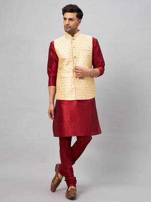 Maroon And Gold Silk Blend Jacket, Kurta And Pyjama Set 1
