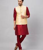 Maroon And Gold Silk Blend Jacket, Kurta And Pyjama Set