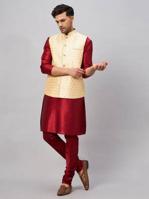 Maroon And Gold Silk Blend Jacket, Kurta And Pyjama Set 2